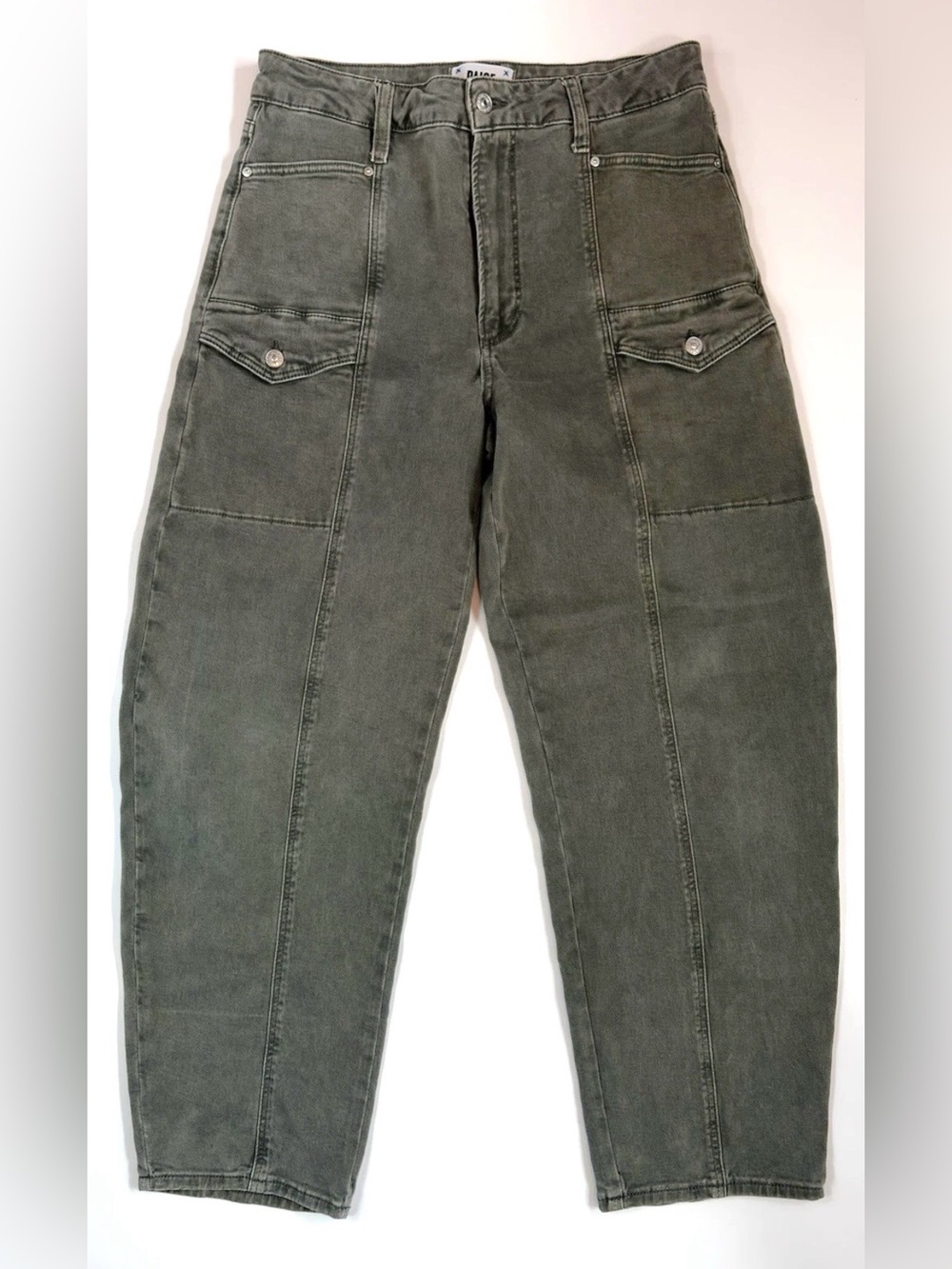 PAIGE Alexis Utility Barrel Leg Jeans Olive Green High Rise Crop Women’s 29 - Picture 2 of 14